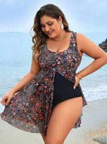 Swim Lushoire Summer Beach Plus Size Women's One-Piece Swimsuit With Plants Print - Multicolor - View 5