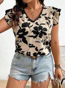 SHEIN Frenchy Plus Size Boho Summer New Floral Printed Back Lace Flounce Sleeve Blouse - Khaki - View 2