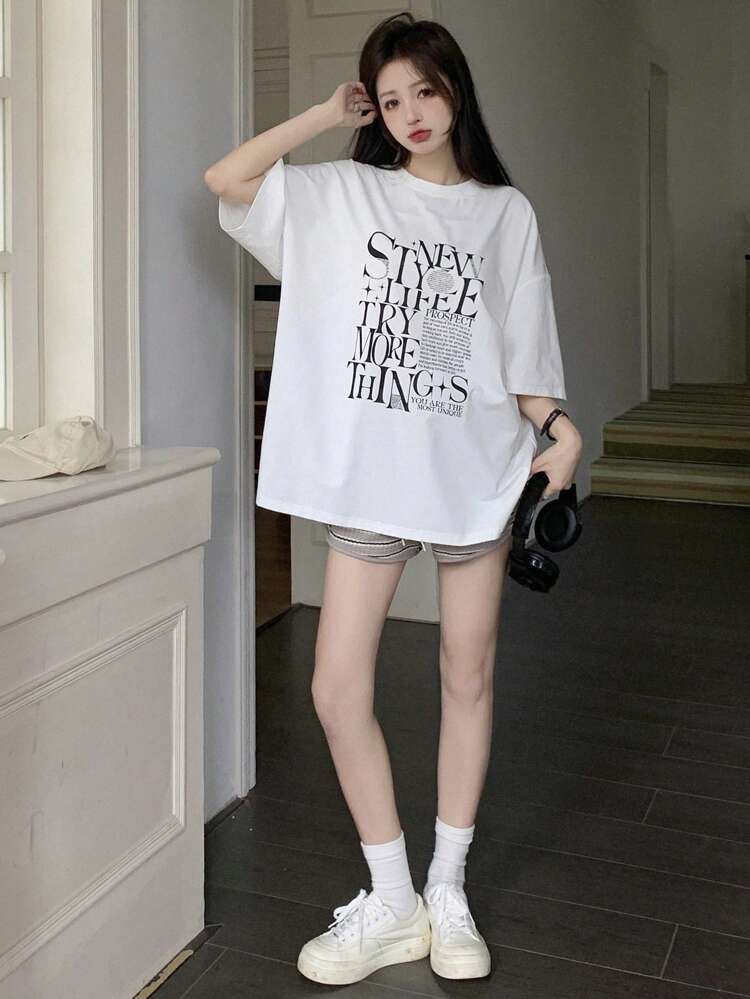 Round Neck Short Sleeve Loose T-Shirt With Slogan Print, YOU ARE THE MOST UNIQUE TRY THINGS MORE Oversized T-Shirt