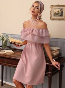 GENKIRA Vestido de mujer con hombros descubiertos, unicolor, con múltiples capas y ribete de volantes - Rosa coral - Ver 1