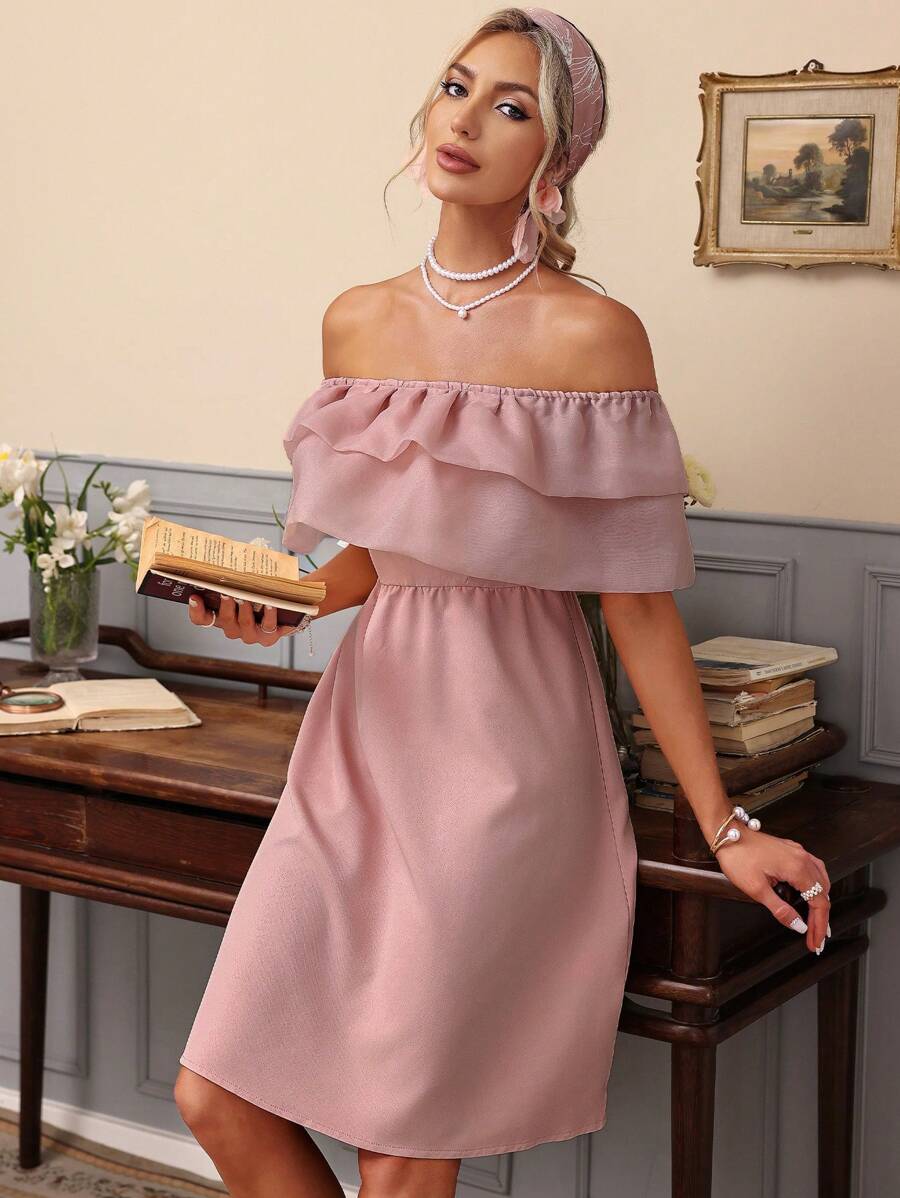 GENKIRA Vestido de mujer con hombros descubiertos, unicolor, con múltiples capas y ribete de volantes - Rosa coral - Ver 1