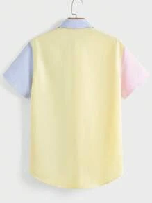 Manfinity VCAY Camicia A Maniche Corte In Tessuto A Contrasto A Righe Per Uomo Con Patchwork In Tessuto Intrecciato
