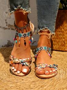 Bohemian Style Beaded Flat Sandals Suitable For Outside Wearing Valentines,Beach Outfits,Summer Outfits - Beige - View 2