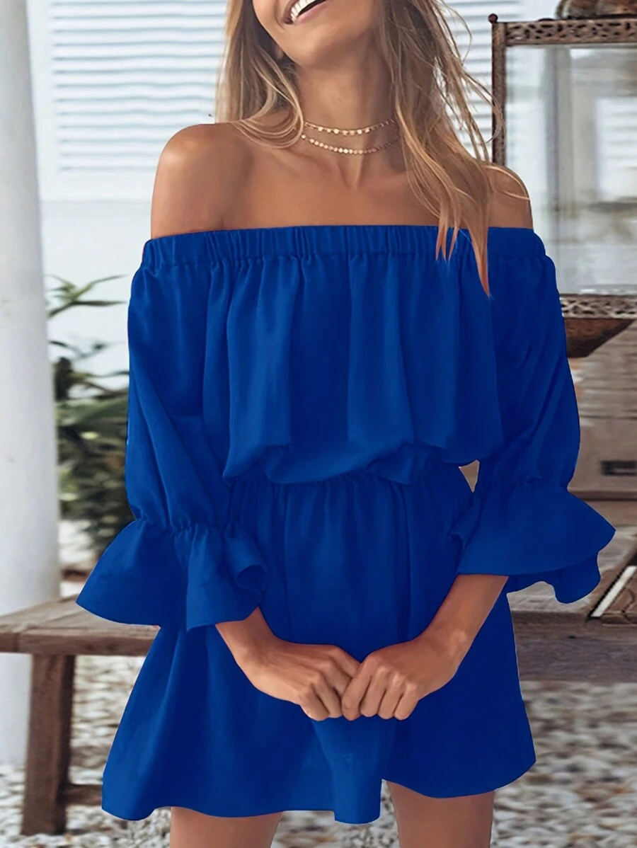 INAWLY 女士纯色露肩喇叭袖连衣裙 - 藍色 - 查看 1