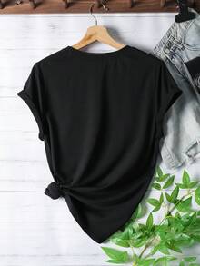 SHEIN LUNE Kích thước lớn Của phụ nữ Ngắn tay Sọ Tay Cắt ra Áo thun Với Pha lê Chỉnh trang - màu đen - Xem 2