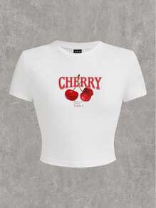 Slaydiva Casual Cherry Print Round Neck Short Sleeve Cropped Fitted Women T-Shirt, Cotton Blend Suitable For Going Out - White - View 2