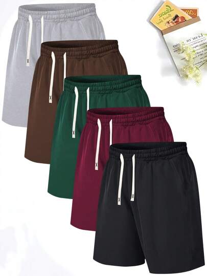 5 件装男士休闲抽绳腰短裤，运动和沙滩装，复古纯色，透气，抗皱，有口袋，轻便，适合夏季户外