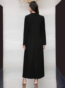 Al Najma Women's Solid Color Double Breasted Trench Coat With Lapel Collar, Muslim Fashion Abaya For Casual/Festival/Gathering/Travel - Black - View 2