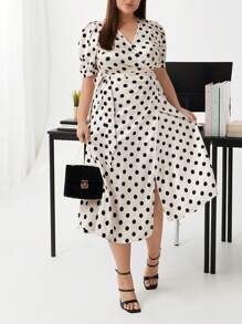 BizChic Plus Size Women's Polka Dot Short Puff Sleeve Dress - Apricot - View 1