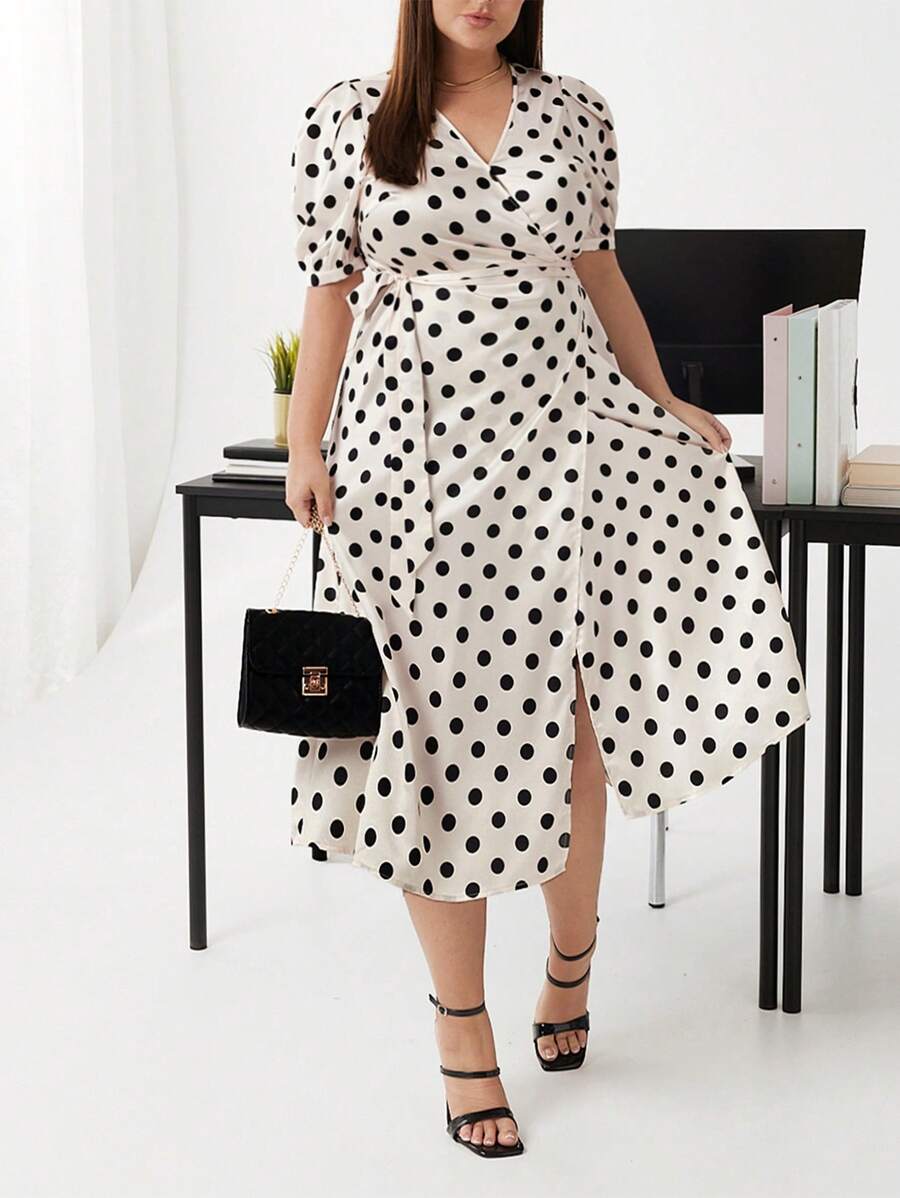 BizChic Plus Size Women's Polka Dot Short Puff Sleeve Dress - Apricot - View 1