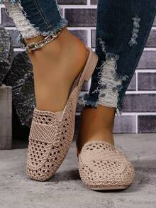 女款半拖鞋,春夏新款時尚休閒扁平低跟戶外/室內懶人涼鞋 - 卡其色 - 查看 5