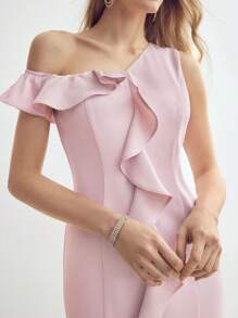 MOTF PREMIUM Women's Summer Solid Color Asymmetrical Collar Patchwork Ruffle Hem Fish Tail Long Dress - Pink - View 3