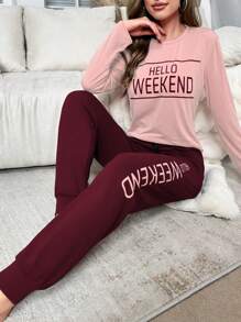 Letter Print Round Neck Long Sleeve Top And Long Pants Two-Piece Pajama Set, Fall Clothes  Cozy And Elegant Details
