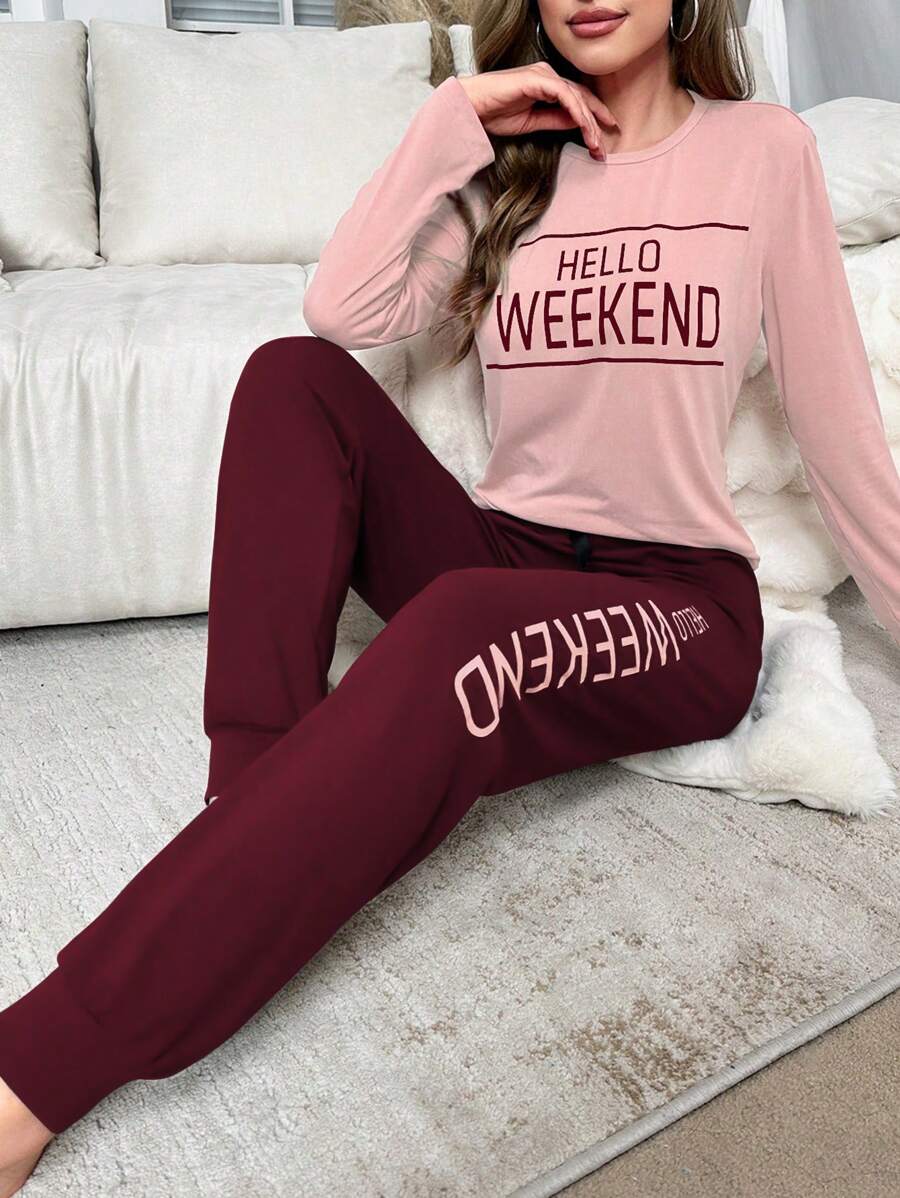 Letter Print Round Neck Long Sleeve Top And Long Pants Two-Piece Pajama Set, Fall Clothes  Cozy And Elegant Details