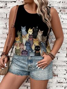 EMERY ROSE Parte superior de tirantes negra sin mangas con estampado de gato, de talla grande, casual, para verano