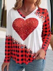 SHEIN LUNE Kích thước lớn Của phụ nữ Tim Kẻ sọc In Tay áo dài Áo thun - Nhiều màu - Xem 5