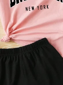 Conjunto de verano de camiseta de manga corta y shorts para niña preadolescente con impresión de inglés sencillo para uso casual - Rosa - Ver 5