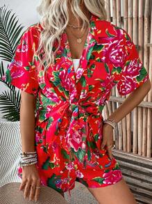 SHEIN LUNE Women's Floral Printed Button Front Shirt And Shorts - Red - View 6