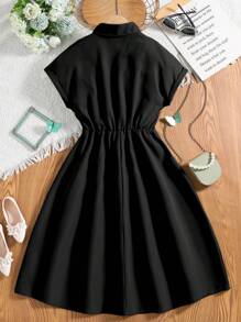 SHEIN Teen Girls' Solid Color Half Placket Button Closure Dress With Cinching Waist