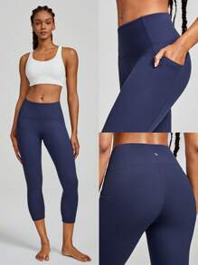 GLOWMODE 21" FeatherFit™-Ribbed Pocket Leggings Light Support Low Impact Yoga Daily - Navy Blue - View 7