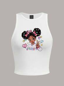 Slaydiva 休闲可爱卡通女孩图案圆领修身女式背心，适合夏季 - 白色 - 查看 2