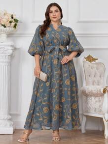 Modelyn Plus Size Women's Floral Embroidery Lantern Sleeve Long Dress Maxi Women Outfit Long Evening Dresses