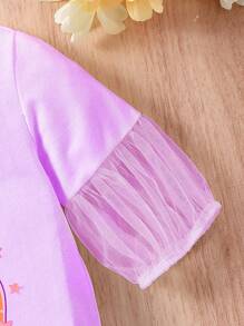 Baby Girl Moon And Stars Print Long Robe, With Mesh Spliced Short Sleeve T-Shirt - Mauve Purple - View 5