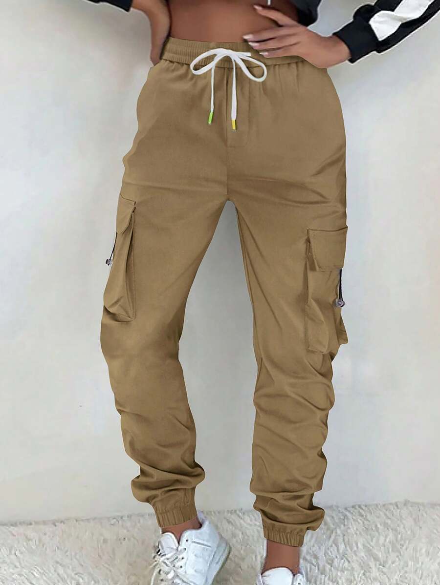 Women's Casual Drawstring Elastic Waist Jogger Pants, Minimalist Design Spring - Khaki - View 1