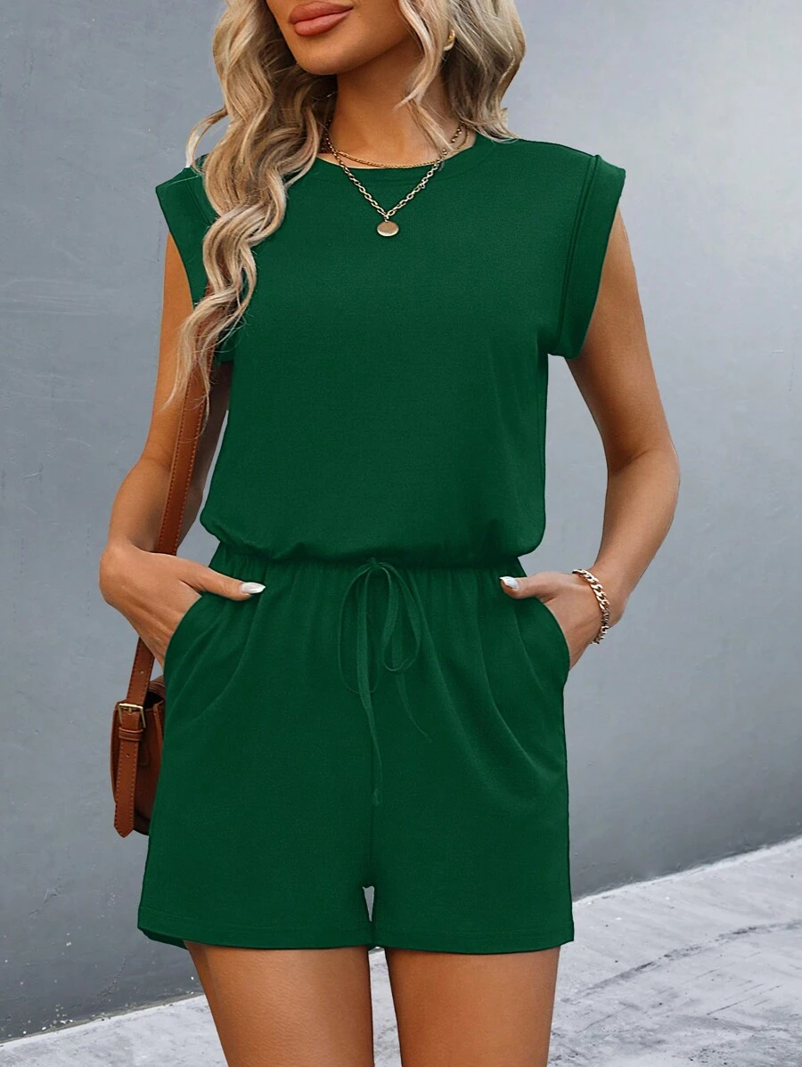 SHEIN LUNE Women's Solid Color Sleeveless Jumpsuit With Simple Style - Dark Green - View 1