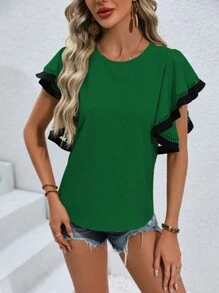 SHEIN Clasi 女士圓領泡泡袖休閒多用途上衣 - 綠色 - 查看 4