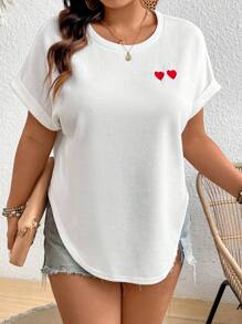 SHEIN Frenchy 加大碼愛心刺繡蝙蝠袖圓領寬鬆格紋網狀布t卹 - 白色 - 查看 4