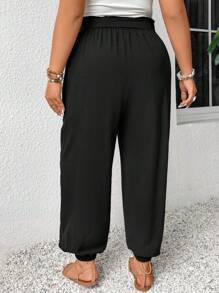 SHEIN Frenchy Plus Size Women's Black Tapered Leg Pants With Elastic Waistband And Pleated Hem