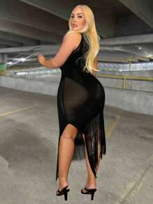 Allurite Plus Size Perspective Fringe Hem Bodycon Dress - Black - View 2