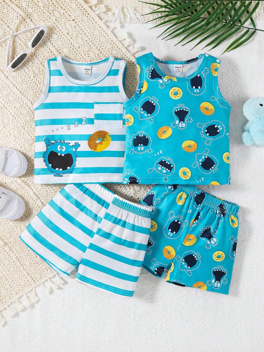 Baby Boy Cartoon Monster Print Top And Shorts Set - Multicolor - View 1