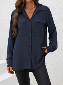 EMERY ROSE Women's Solid Color Workwear Long Sleeve Shirt With Pocket Fall Cloth For Women - Navy Blue - View 3