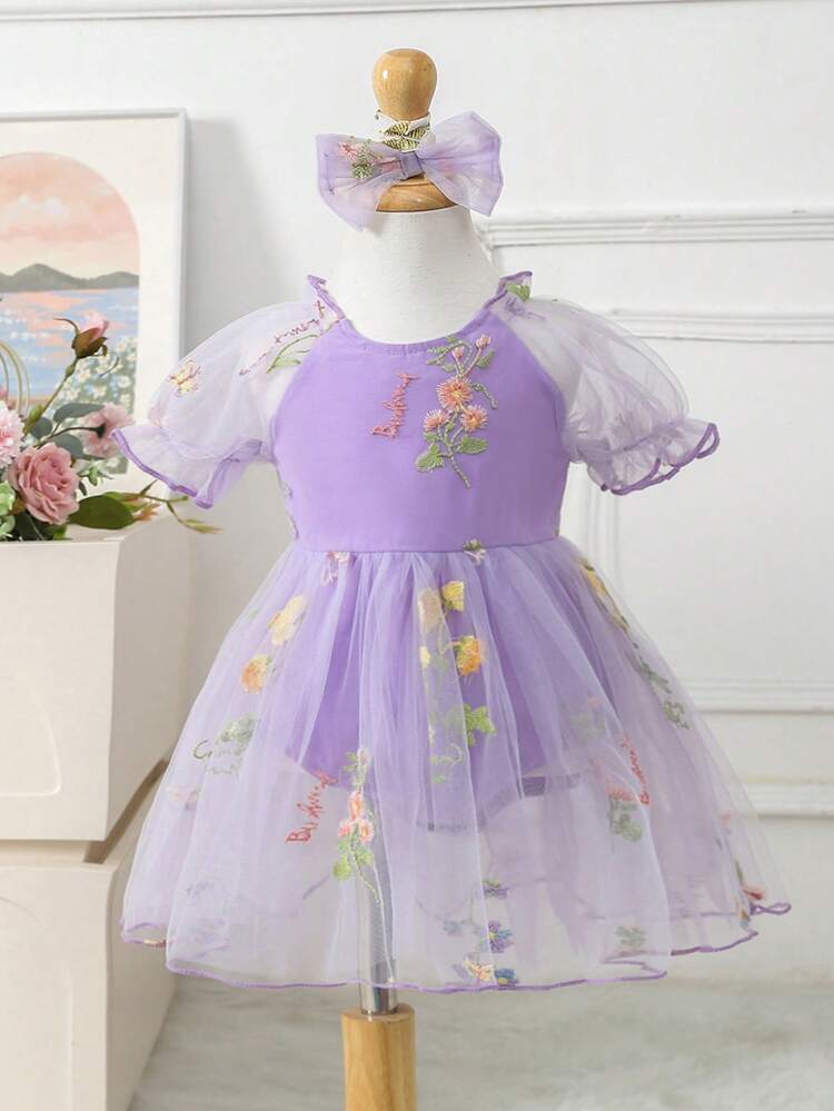 Baby Girls' Embroidered Mesh Wedding Satin Dress, Lovely & Elegant, Perfect For Birthday Party, Evening Performance, Wedding, Christening, 1st Birthday