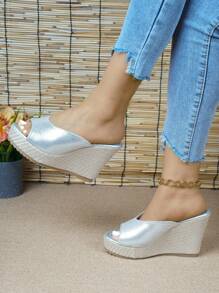 女士厚底坡跟涼鞋露趾銀色高跟鞋時尚露跟涼鞋