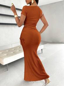 AIJ Amarilo Women's Elegant One-Shoulder Ruched Asymmetric Top And Fishtail Midi Skirt Set - Brown - View 2