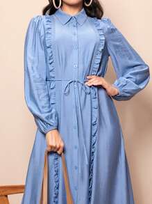 Seusyu Solid Color Ruffle Trim Decorated Lantern Sleeve Dress - Blue - View 3