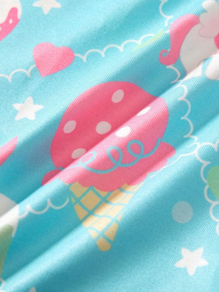 Young Girls' New Simple Style Ice Cream Rainbow Unicorn Print Cami Shorts Set With Crew Neck Short Sleeve Top, 2pcs, Home Suit