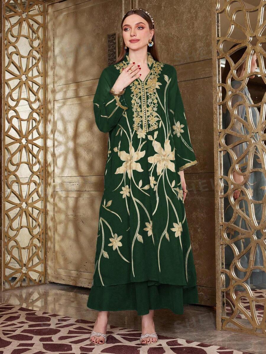 Al Najma Vestido Largo Elegante Y Holgado Para Mujer Con Estampado De Flores Doradas