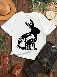 少女休閒簡約兔子圖案短袖T恤，圓領，適合夏季穿著 - 白色 - 查看 2