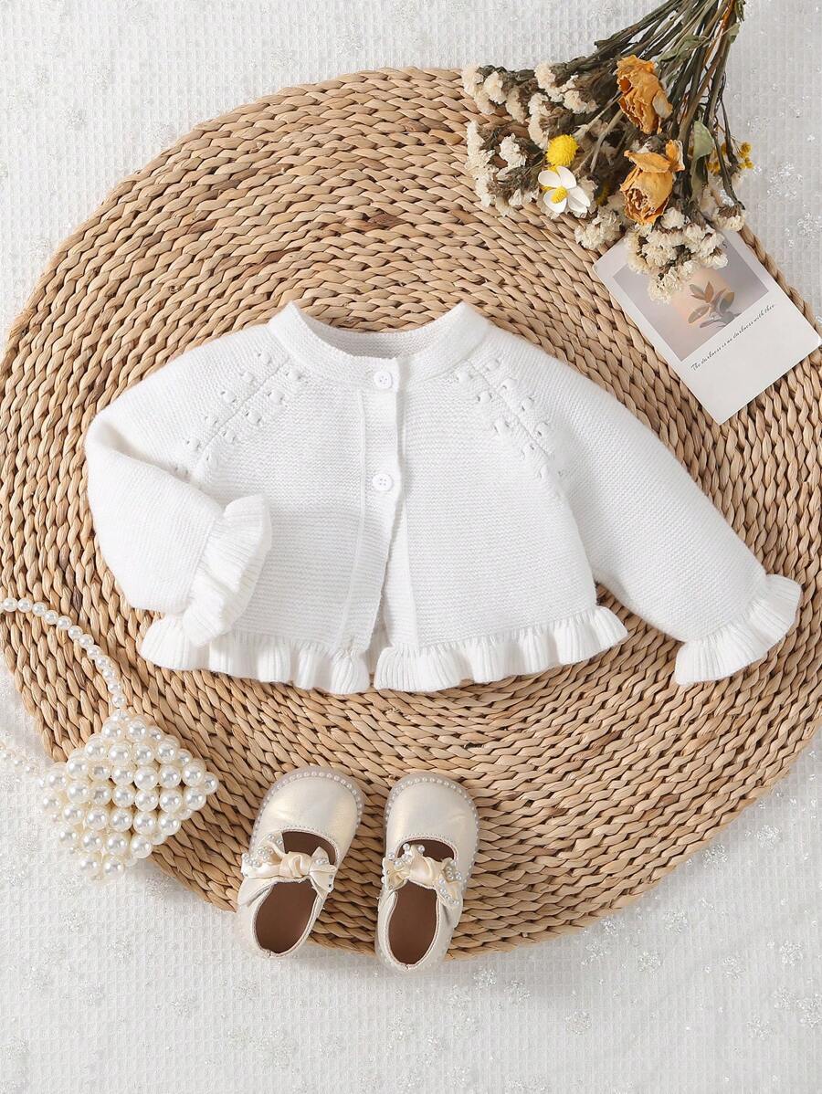 SHEIN Vintaside Kids 女嬰針織衫,長袖圓領毛衣外套,溫暖舒適,優雅時尚,適合日常穿著、休閒度假,白色帶褶邊袖子,適合秋冬季節穿著室內外度假 - 白色 - 查看 1