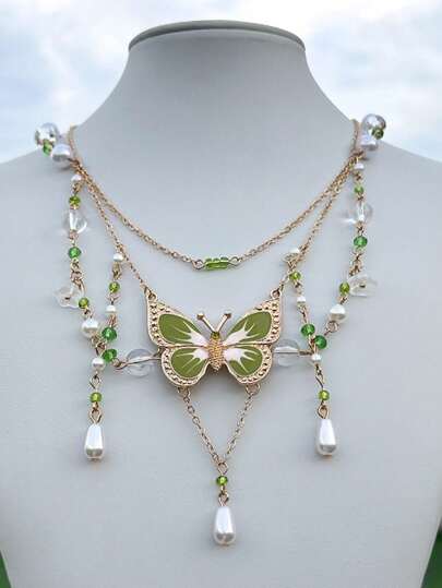 Fairycore Collana Farfalla Verde, Collana Colletto Da Fata Verde Con Dettaglio Farfalla Con Perle Finte Simulate, Collana Verde Per Ragazze