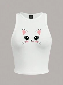 Slaydiva Top ajustado de mujer de cuello redondo con estampado de gato en estilo minimalista casual, hecho de algodón y apropiado para el verano