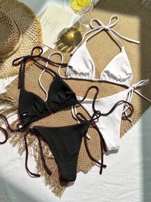 Swim Mod 2套女士純色項圈頸帶分開式比基尼套裝，夏季沙灘