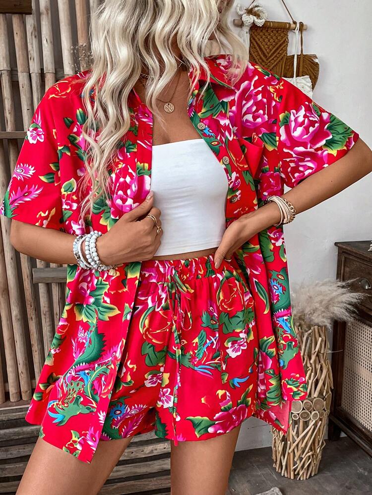 Women's Floral Printed Button Front Shirt And Shorts