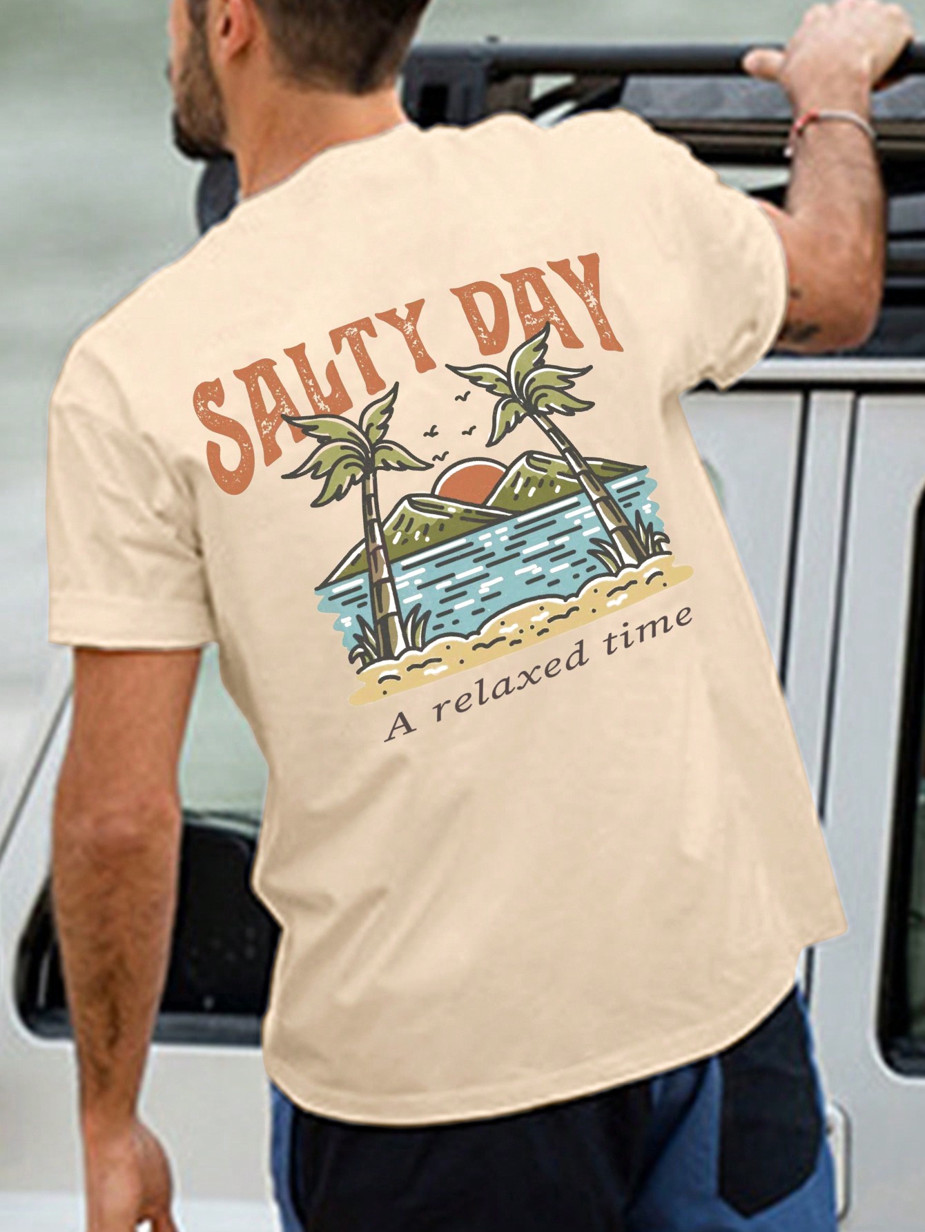 Men's Slogan Palm Tree Printed Round Neck Short Sleeve T-Shirt