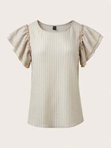 SHEIN LUNE Camiseta De Textura Sólida Con Volantes En La Sisa De La Mujer - Beis - Ver 1