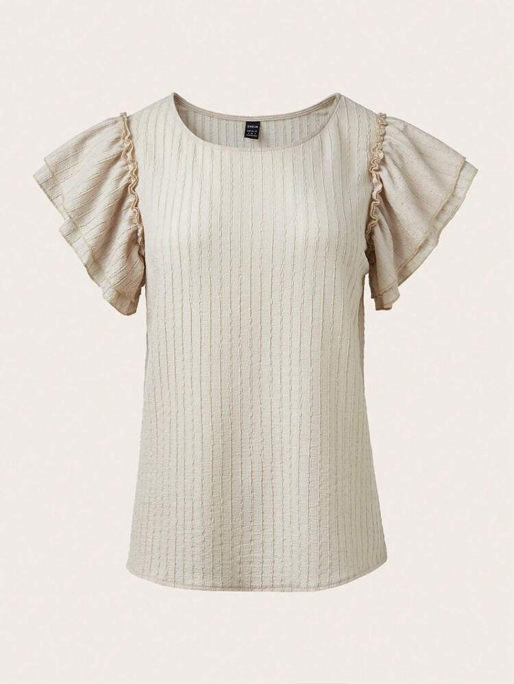 Women's Solid Texture Ruffle Armhole T-Shirt
